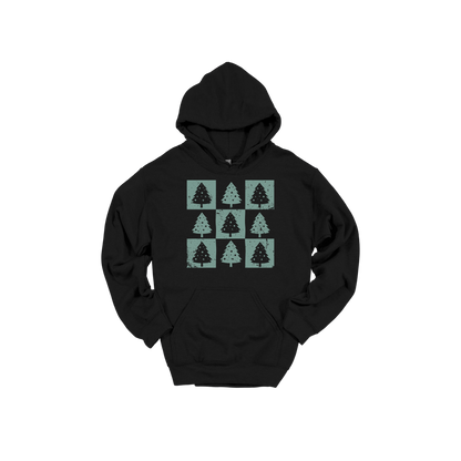 Checkered Trees Holiday Apparel design on adult hoodie in black, front view.