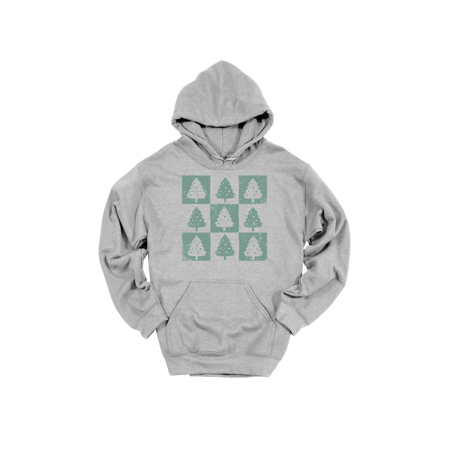 Checkered Trees Holiday Apparel design on adult hoodie in gray, front view.