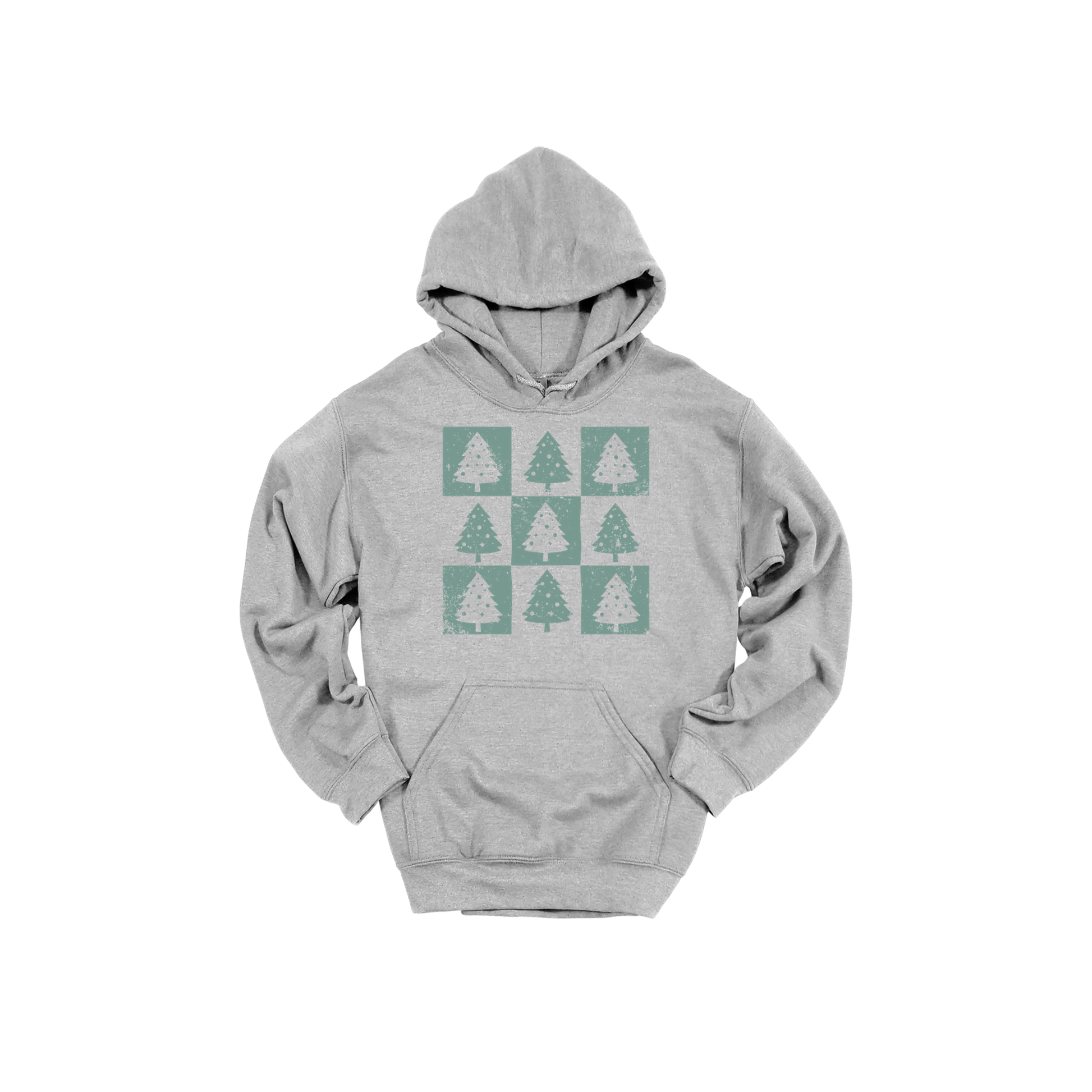 Checkered Trees Holiday Apparel design on adult hoodie in gray, front view.