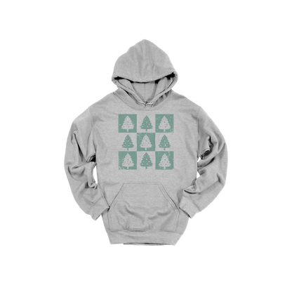 Checkered Trees Holiday Apparel design on adult hoodie in gray, front view.