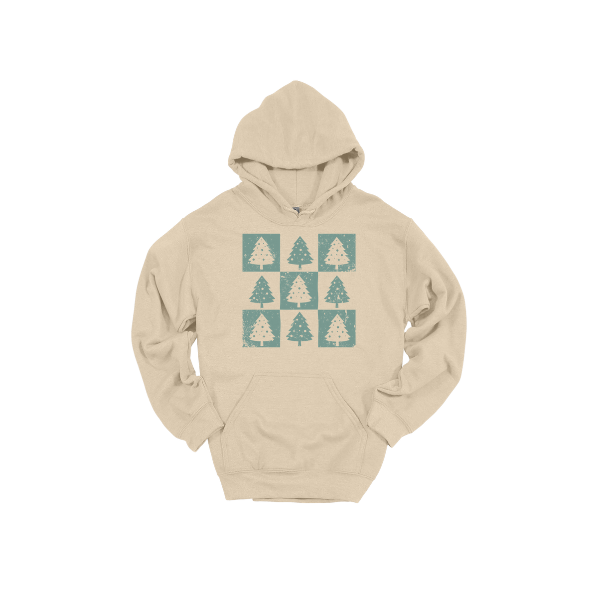 Checkered Trees Holiday Apparel design on adult hoodie in tan, front view.