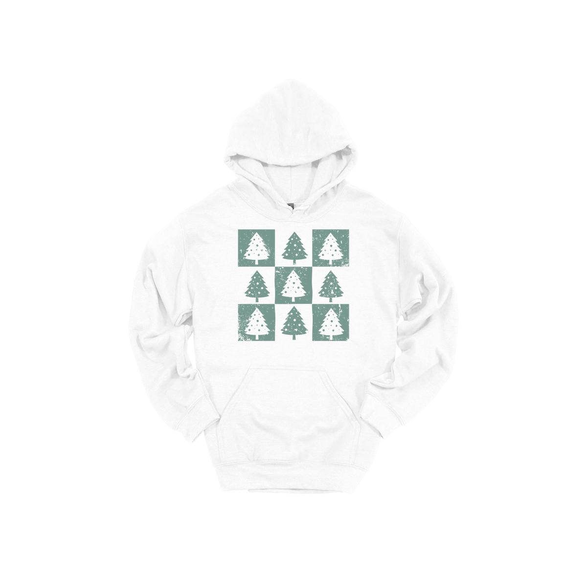Checkered Trees Holiday Apparel design on adult hoodie in white, front view.