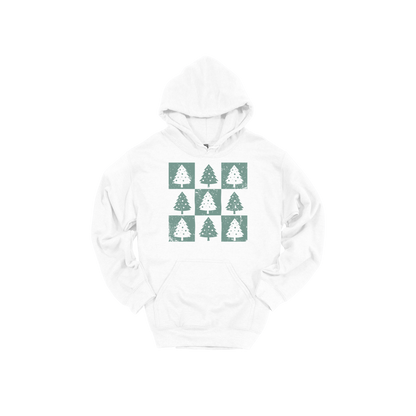 Checkered Trees Holiday Apparel design on adult hoodie in white, front view.