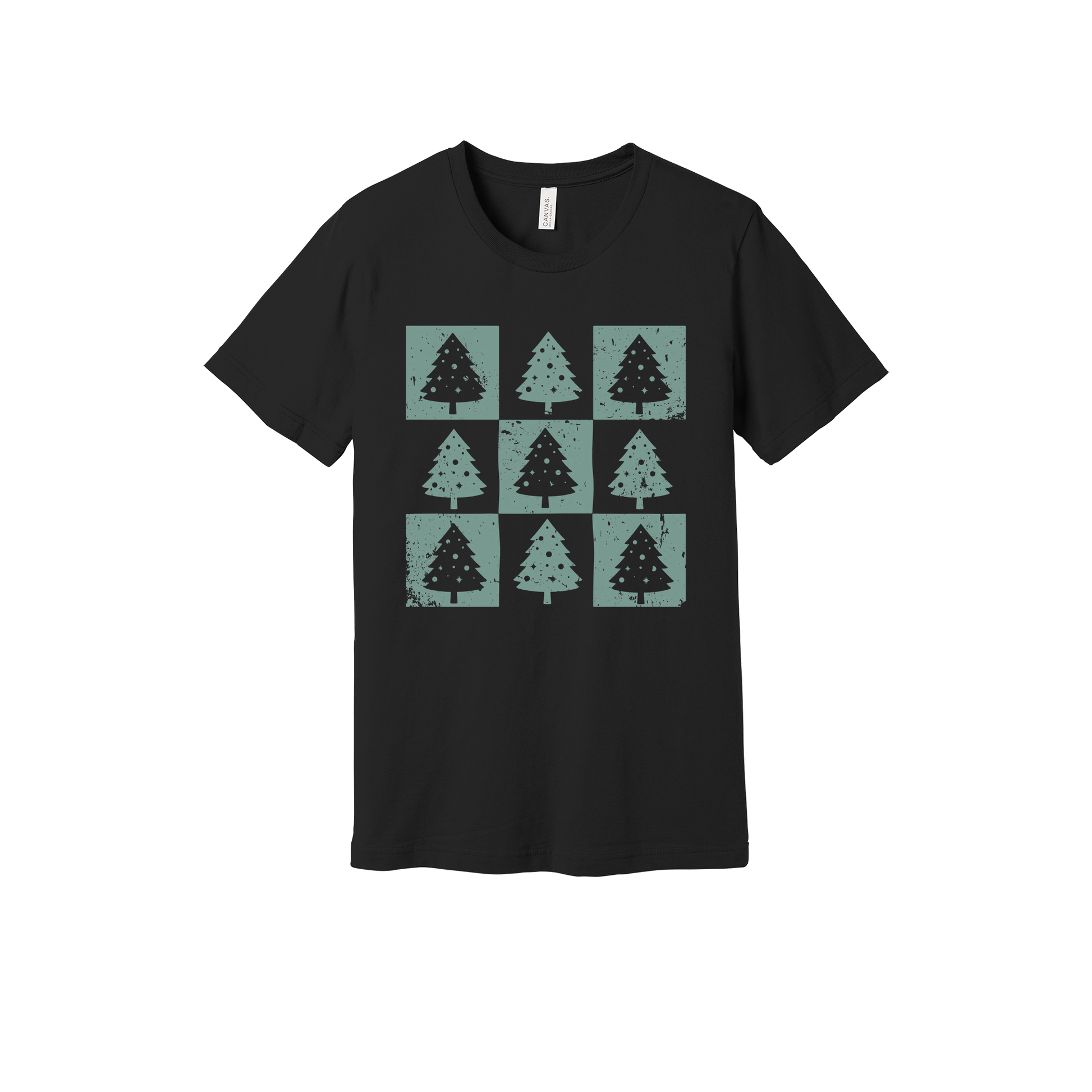 Checkered Trees Holiday Apparel design on adult tee in black, front view.