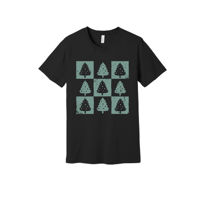 Checkered Trees Holiday Apparel design on adult tee in black, front view.