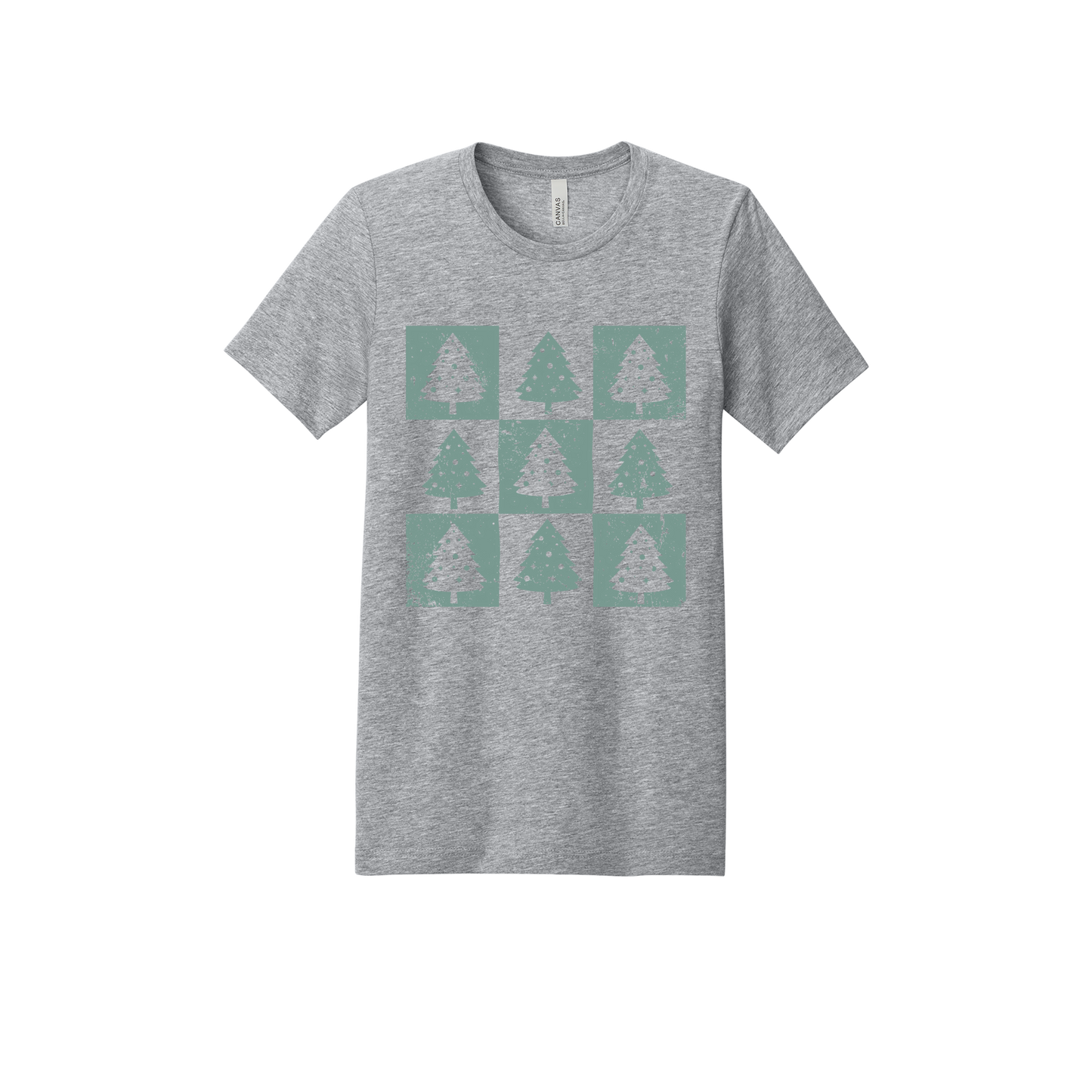 Checkered Trees Holiday Apparel design on adult tee in gray, front view.