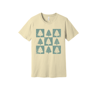Checkered Trees Holiday Apparel design on adult tee in tan, front view.