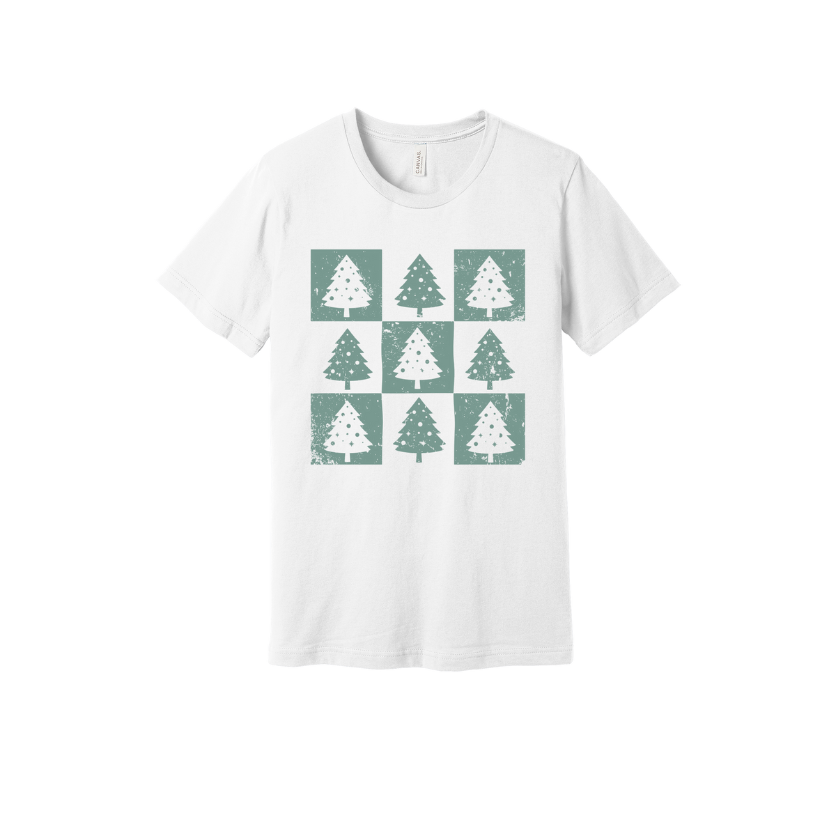 Checkered Trees Holiday Apparel design on adult tee in white, front view.