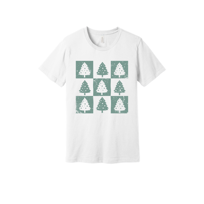 Checkered Trees Holiday Apparel design on adult tee in white, front view.
