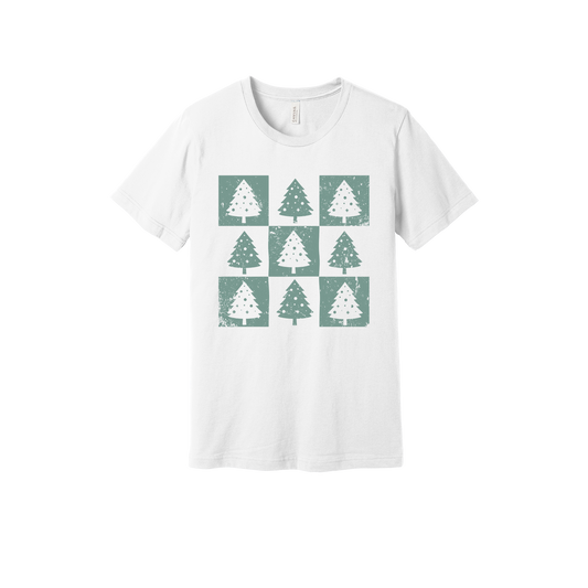 Checkered Trees Holiday Apparel design on adult tee in white, front view.