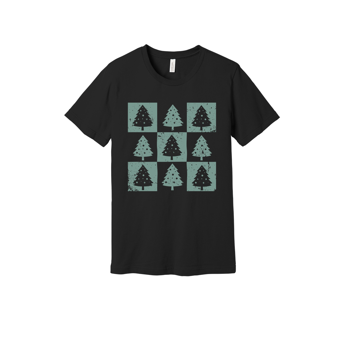 Checkered Trees Holiday Apparel design on generic tee presentation in black, front view.