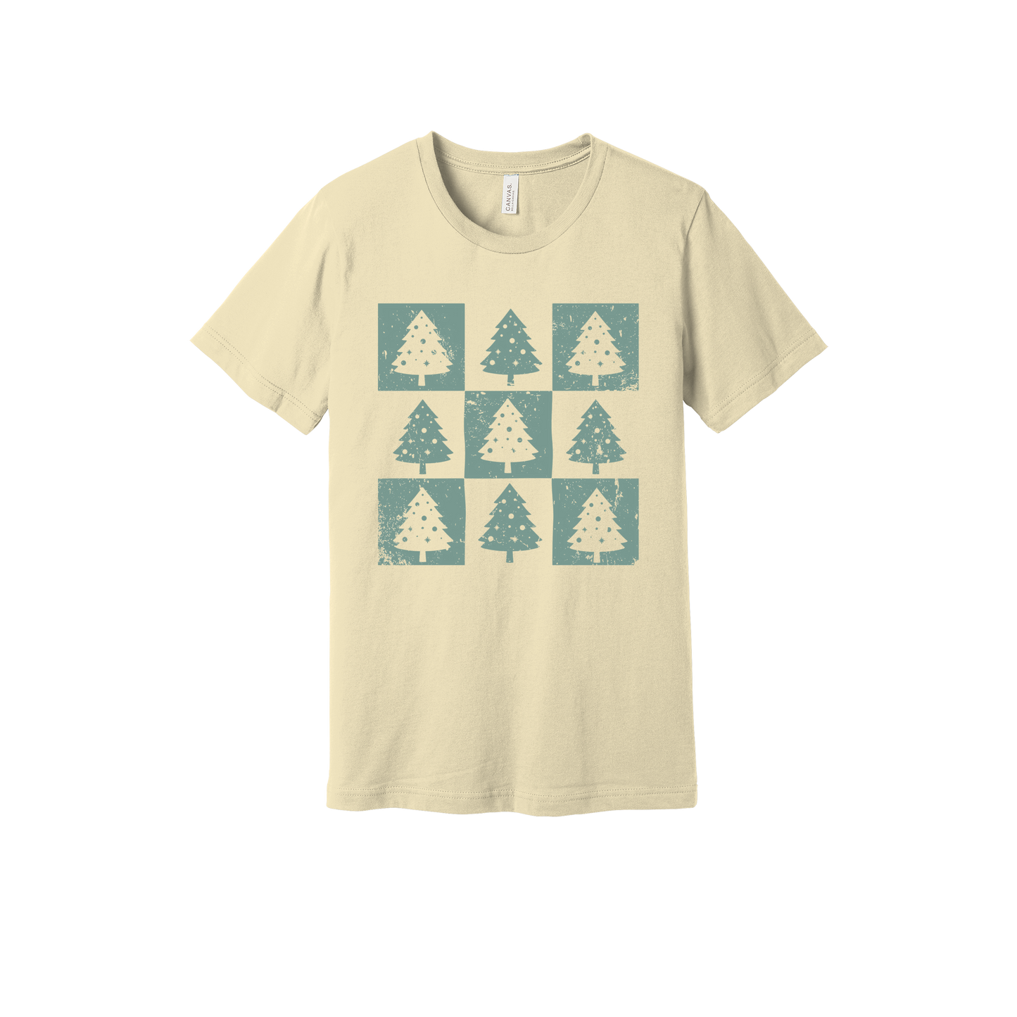 Checkered Trees Holiday Apparel design on generic tee presentation in tan, front view.