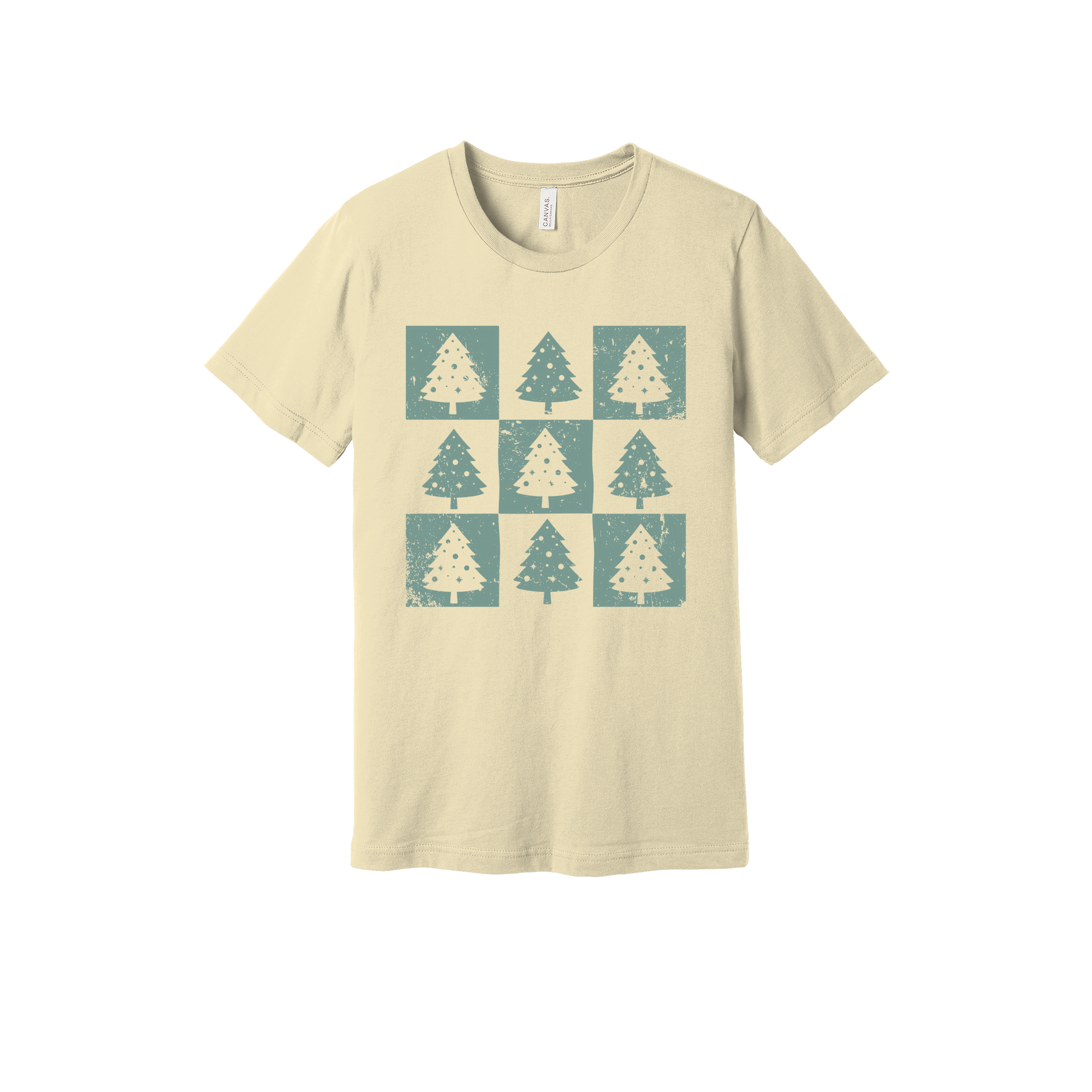 Checkered Trees Holiday Apparel design on generic tee presentation in tan, front view.