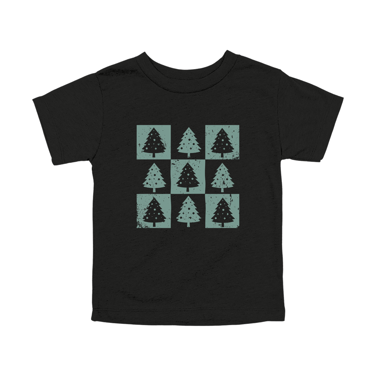 Checkered Trees Holiday Apparel design on toddler tee in black, front view.