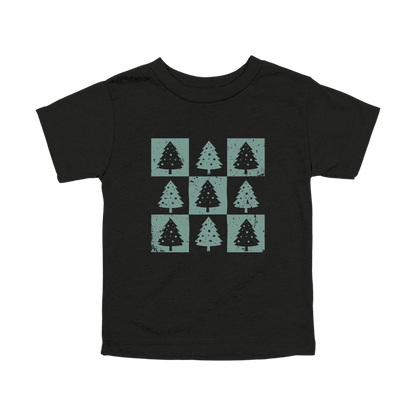 Checkered Trees Holiday Apparel design on toddler tee in black, front view.