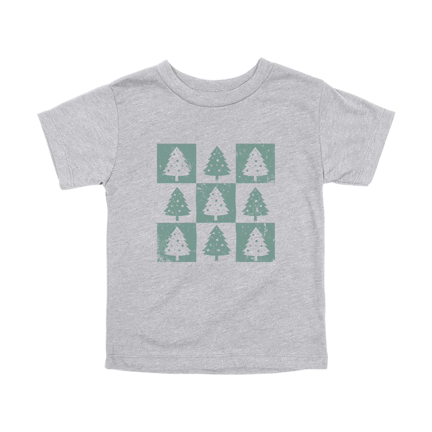 Checkered Trees Holiday Apparel design on toddler tee in gray, front view.