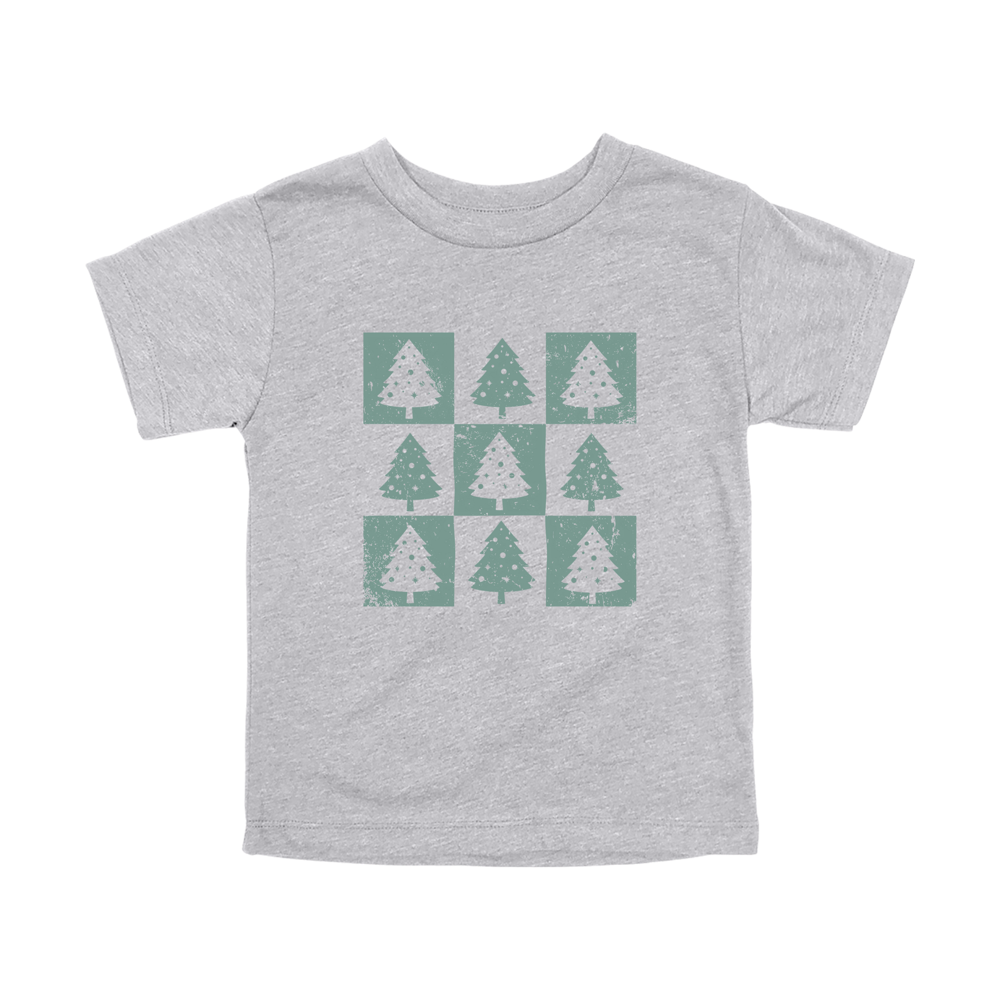 Checkered Trees Holiday Apparel design on toddler tee in gray, front view.