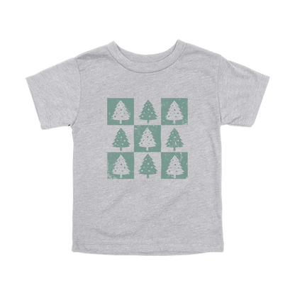 Checkered Trees Holiday Apparel design on toddler tee in gray, front view.