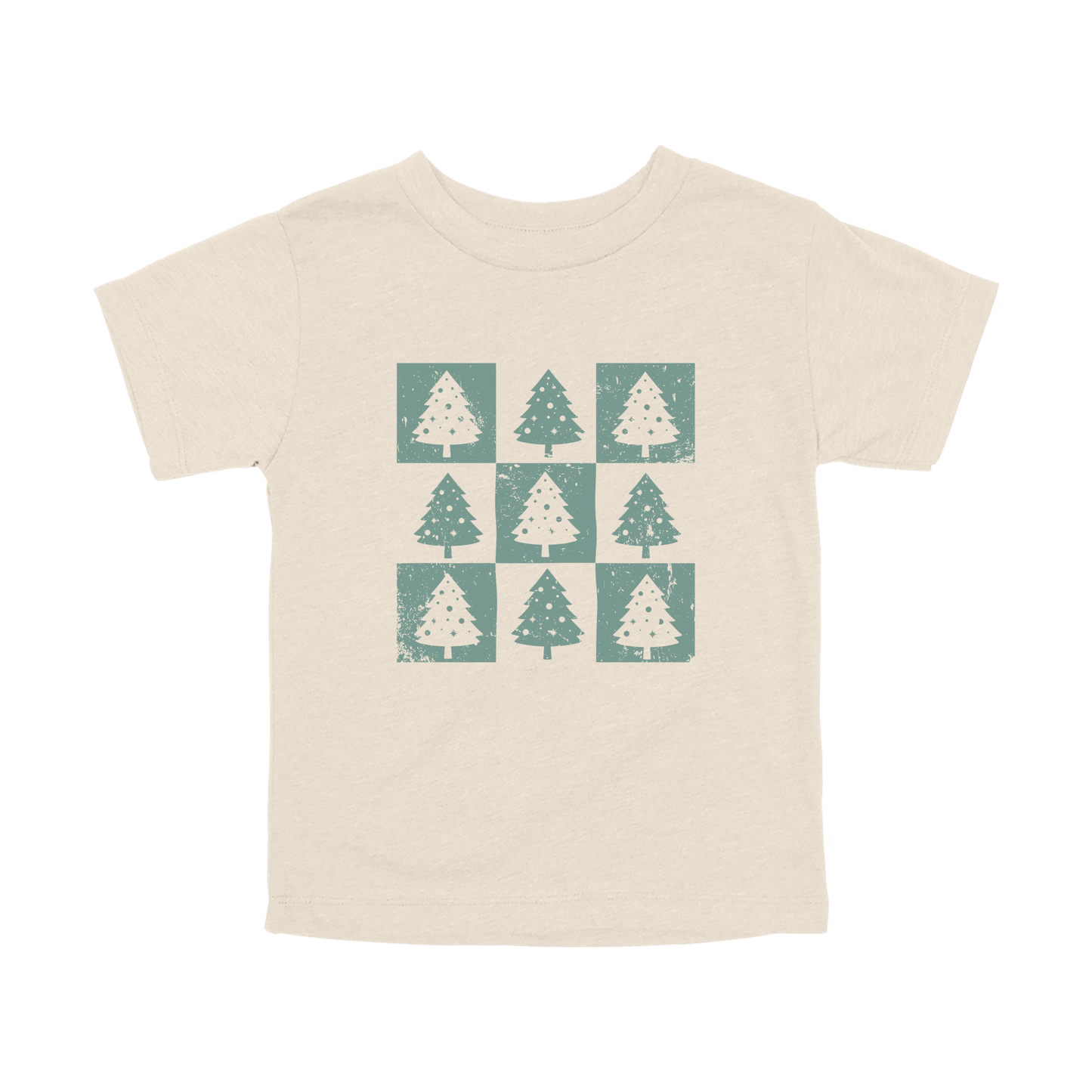 Checkered Trees Holiday Apparel design on toddler tee in tan, front view.