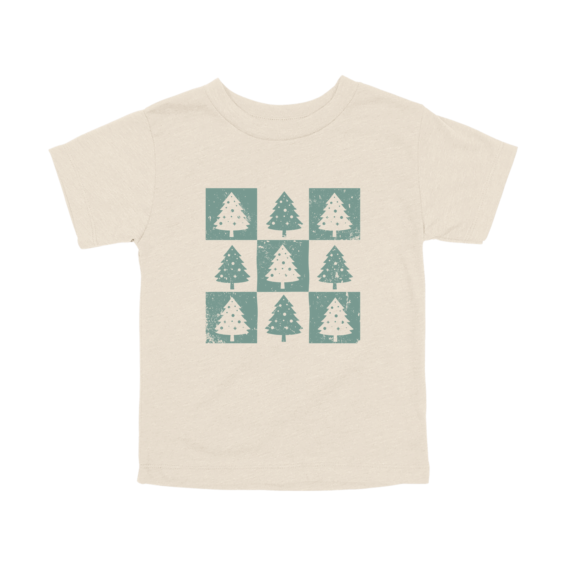 Checkered Trees Holiday Apparel design on toddler tee in tan, front view.