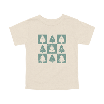 Checkered Trees Holiday Apparel design on toddler tee in tan, front view.