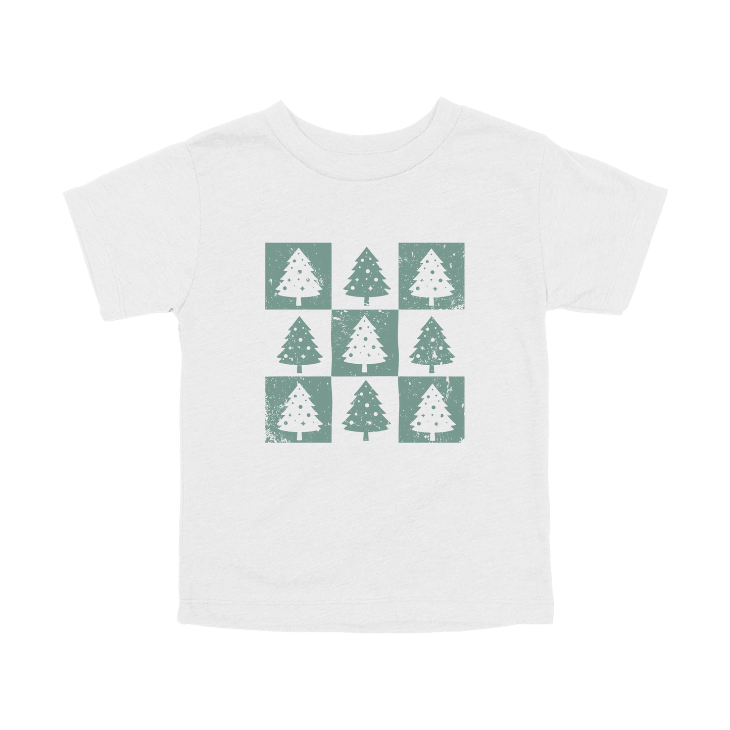 Checkered Trees Holiday Apparel design on toddler tee in white, front view.