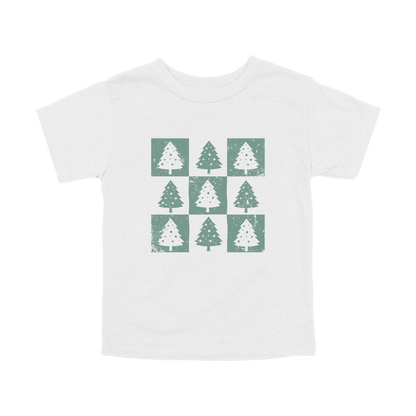 Checkered Trees Holiday Apparel design on toddler tee in white, front view.