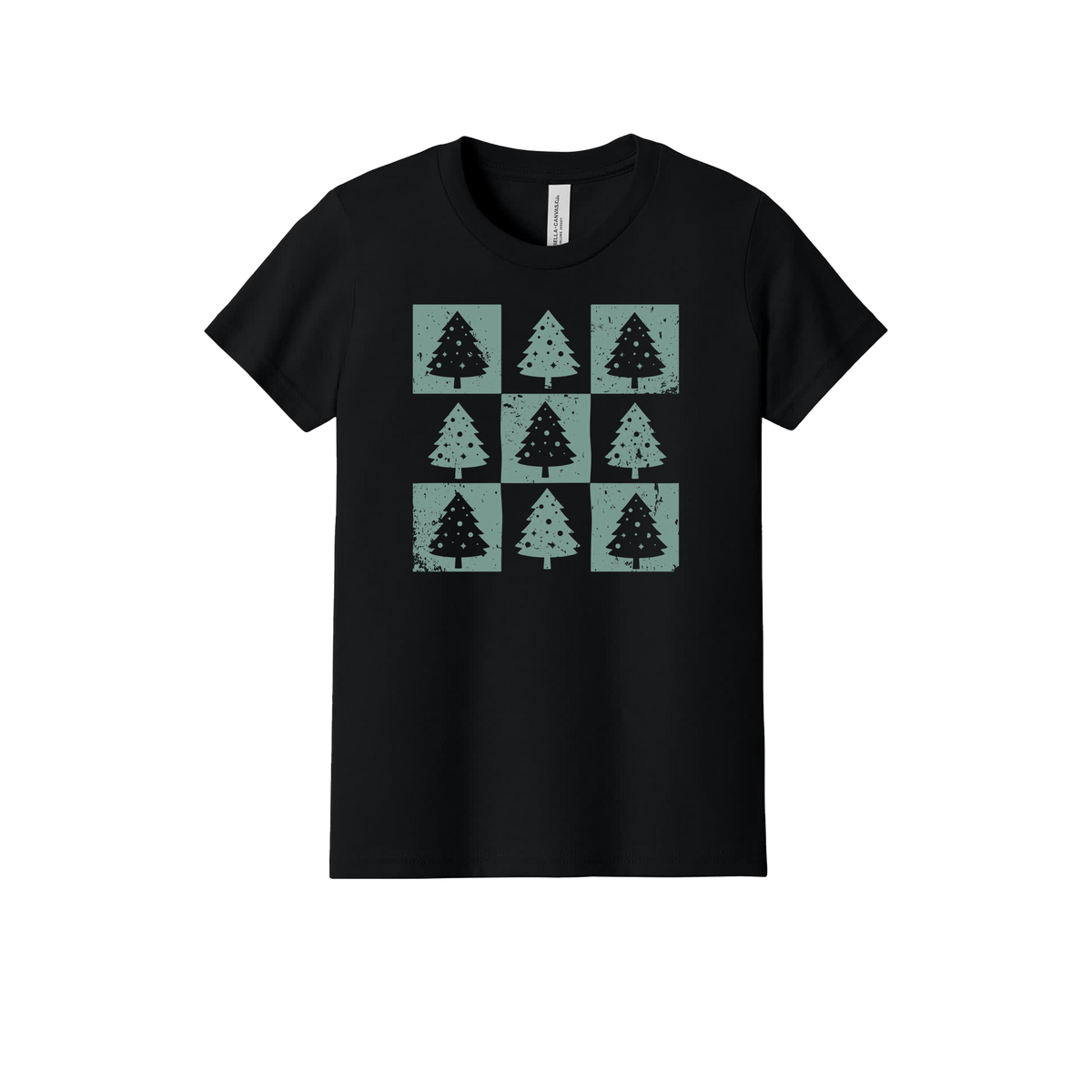 Checkered Trees Apparel design on official Youth Bella+Canvas T-shirt in Black, front view.