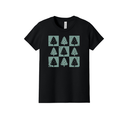 Checkered Trees Apparel design on official Youth Bella+Canvas T-shirt in Black, front view.