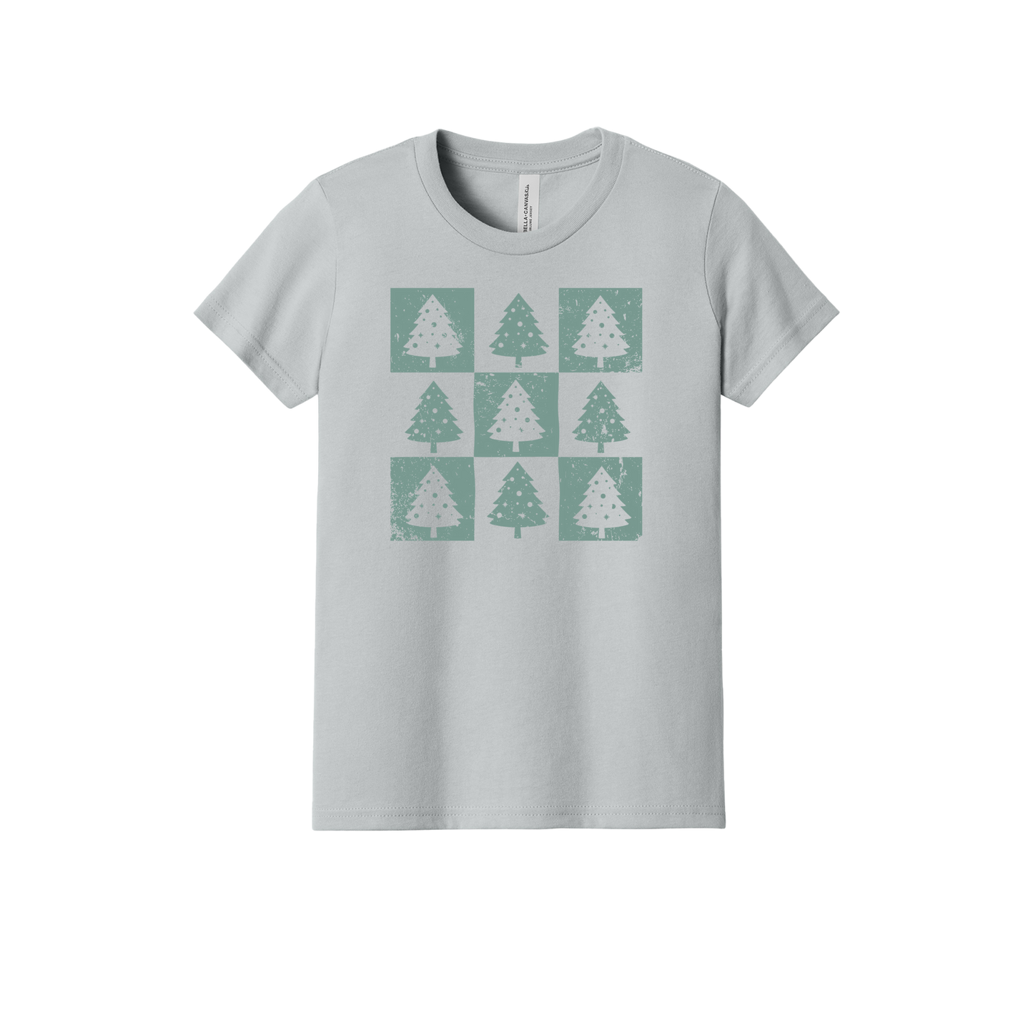 Checkered Trees Holiday Apparel design on youth tee in gray, front view.