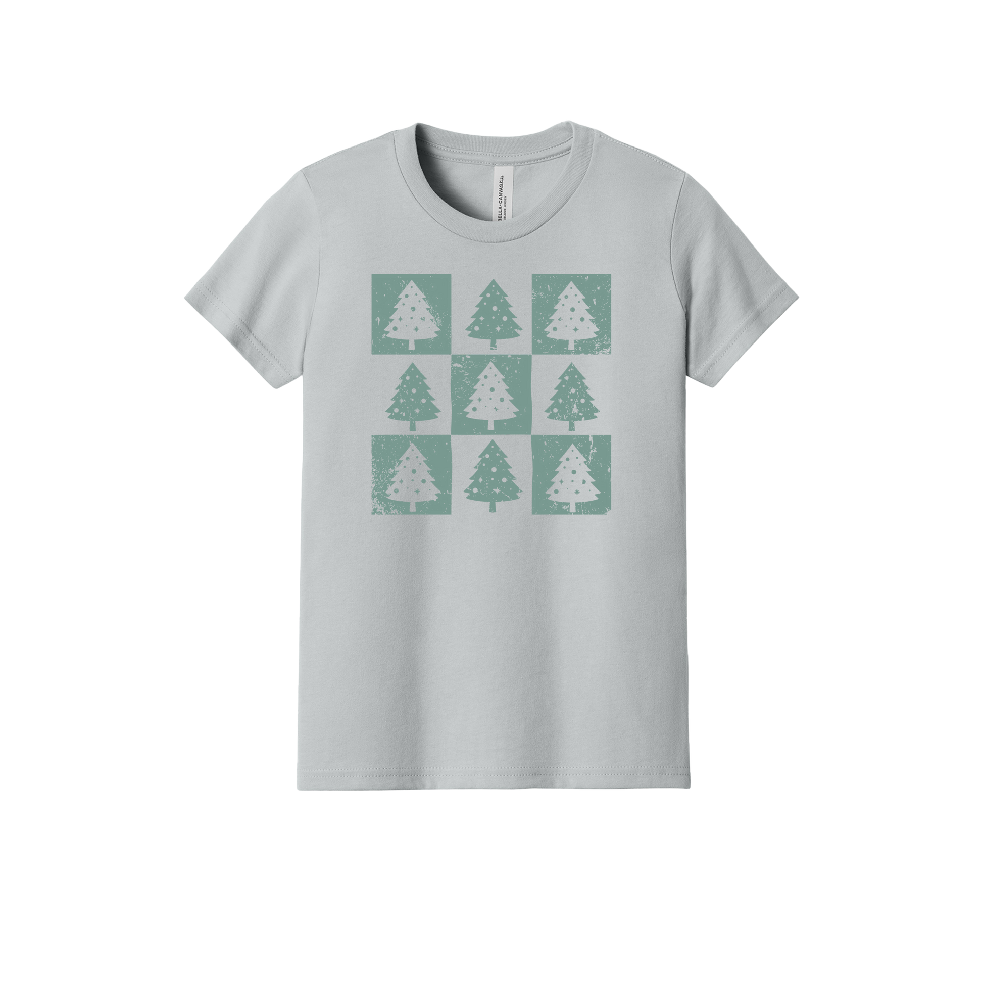 Checkered Trees Holiday Apparel design on youth tee in gray, front view.