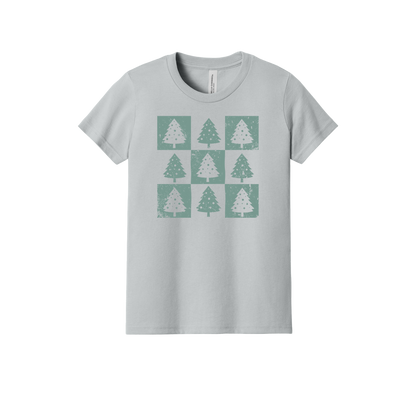 Checkered Trees Holiday Apparel design on youth tee in gray, front view.