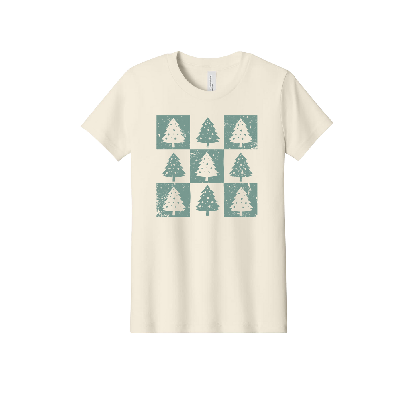 Checkered Trees Apparel design on official Youth Bella+Canvas T-shirt in Natural, front view.