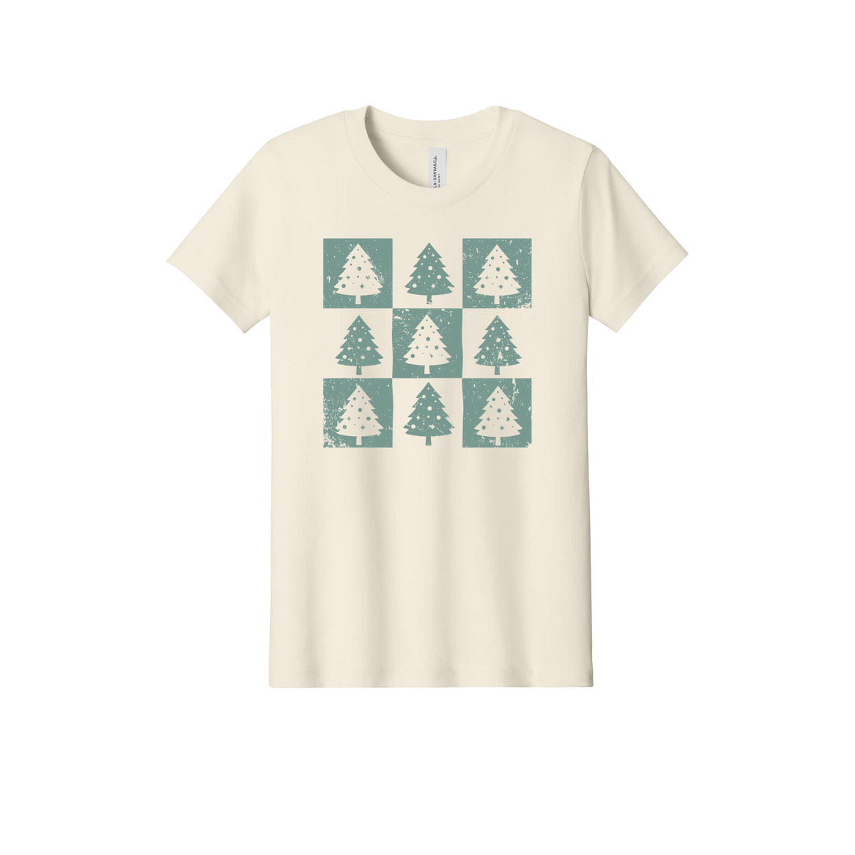 Checkered Trees Apparel design on official Youth Bella+Canvas T-shirt in Natural, front view.