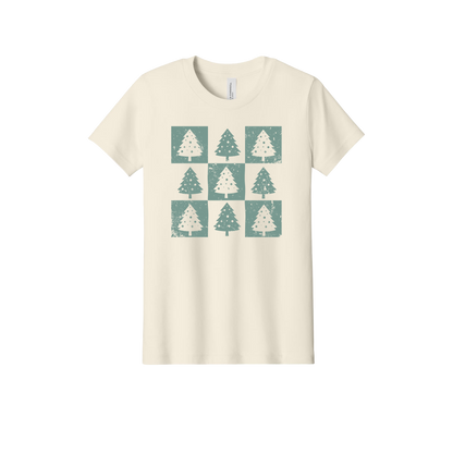 Checkered Trees Apparel design on official Youth Bella+Canvas T-shirt in Natural, front view.