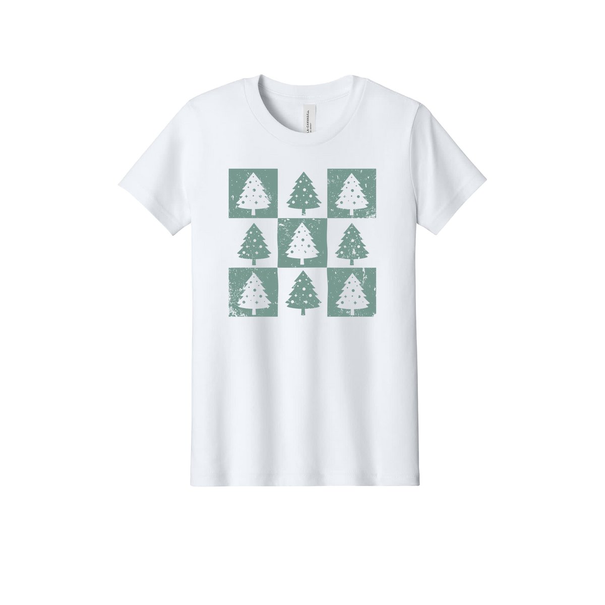 Checkered Trees Apparel design on official Youth Bella+Canvas T-shirt in White, front view.