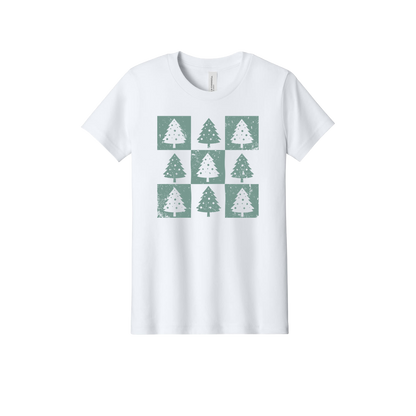 Checkered Trees Apparel design on official Youth Bella+Canvas T-shirt in White, front view.