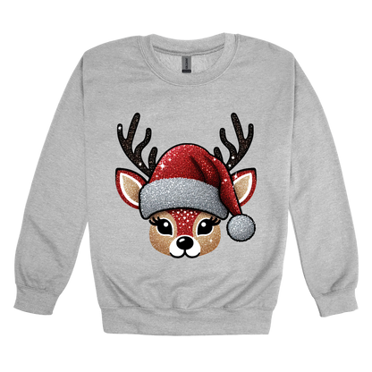 Cute Reindeer Christmas Apparel design on adult crewneck in gray, front view.