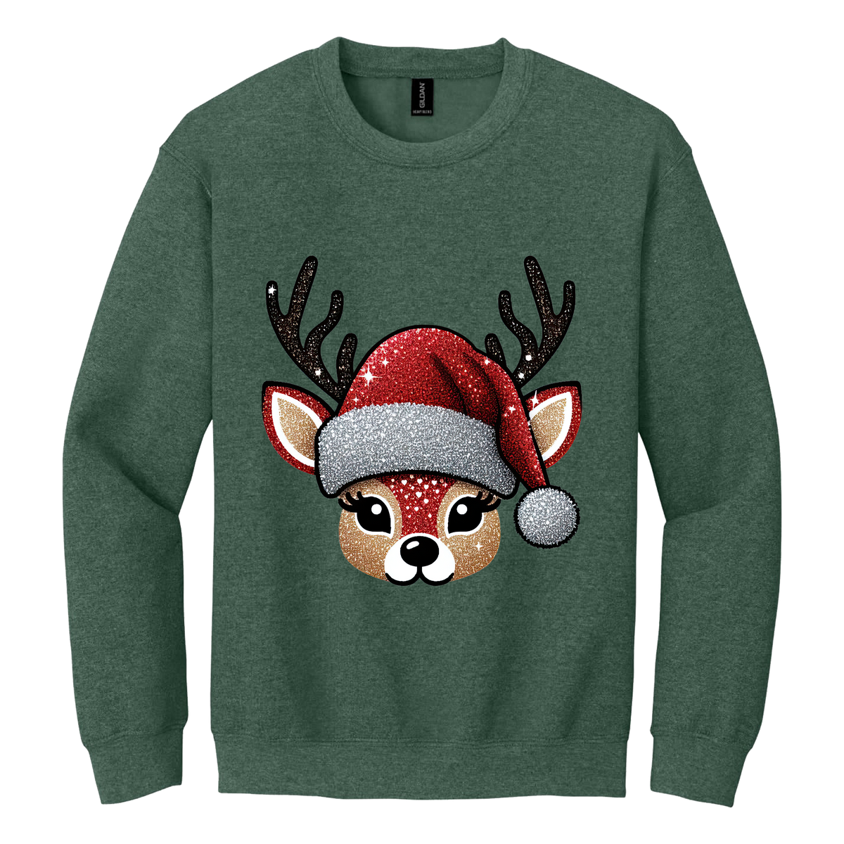 Cute Reindeer Christmas Apparel design on adult crewneck in green, front view.