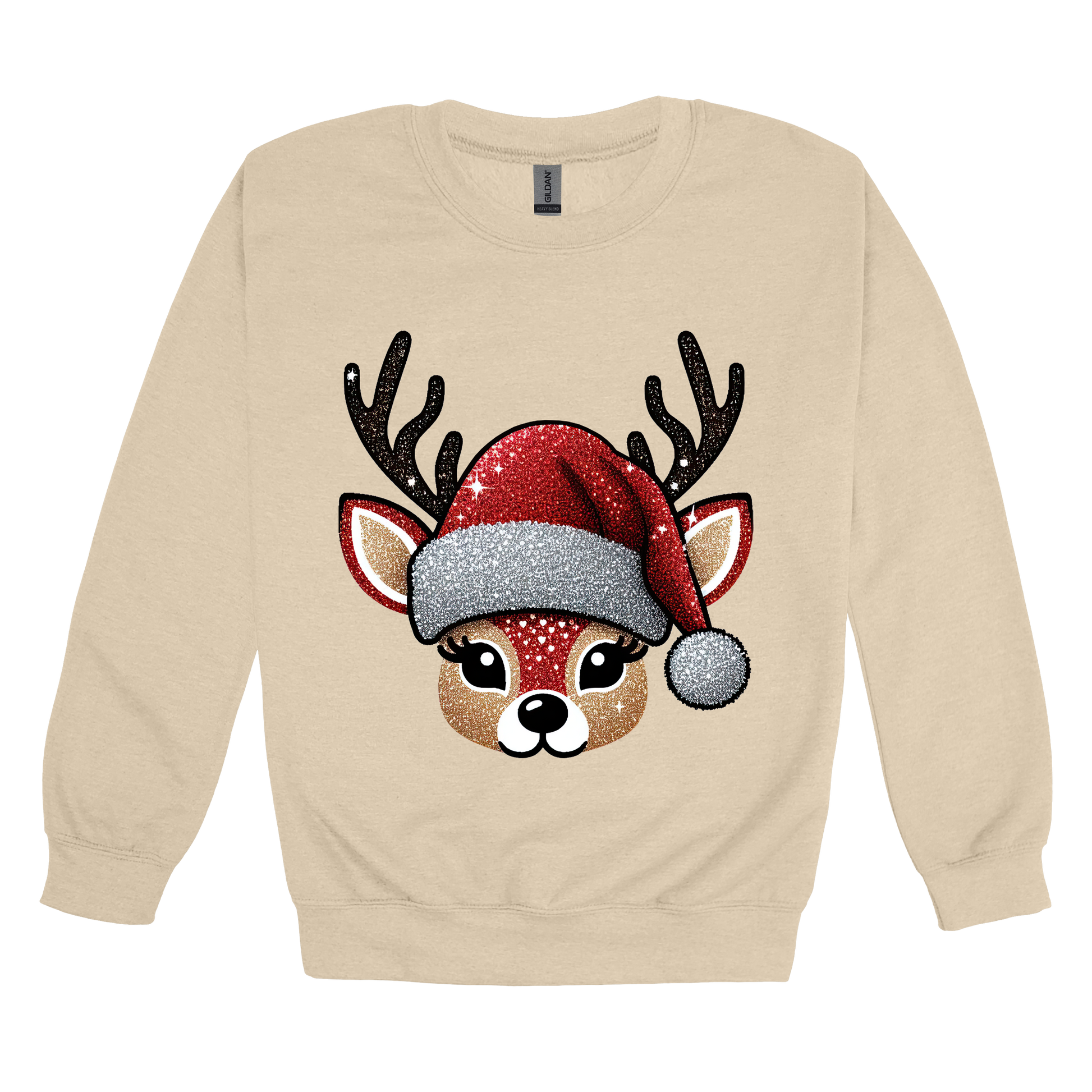 Cute Reindeer Christmas Apparel design on adult crewneck in tan, front view.