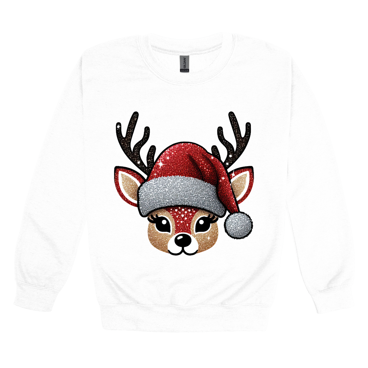 Cute Reindeer Christmas Apparel design on adult crewneck in white, front view.
