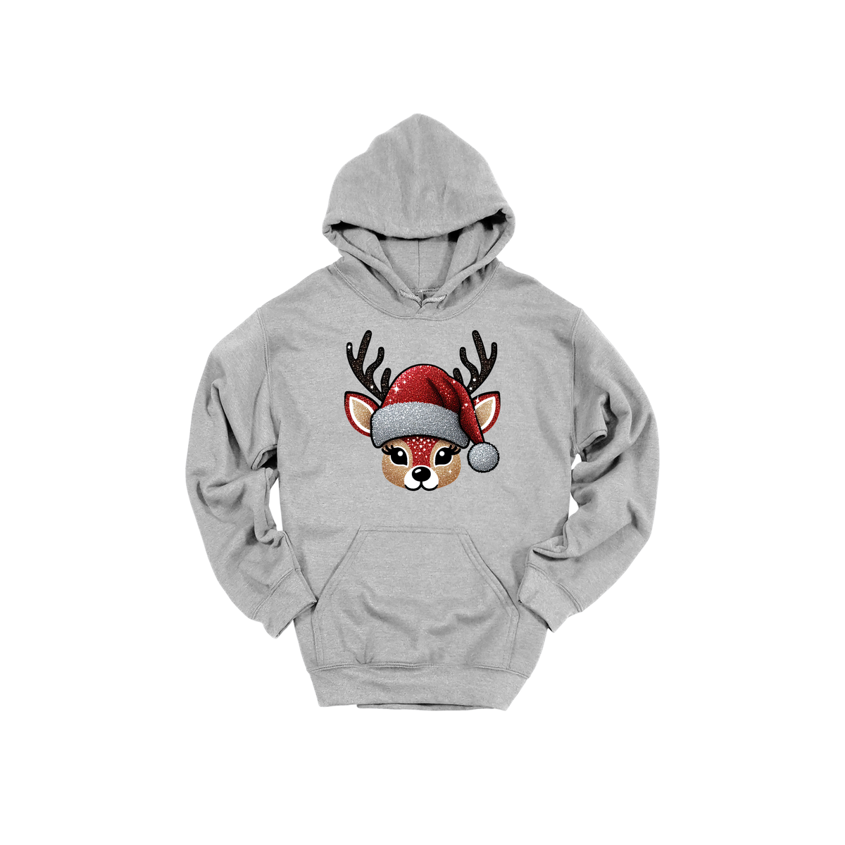 Cute Reindeer Christmas Apparel design on adult hoodie in gray, front view.