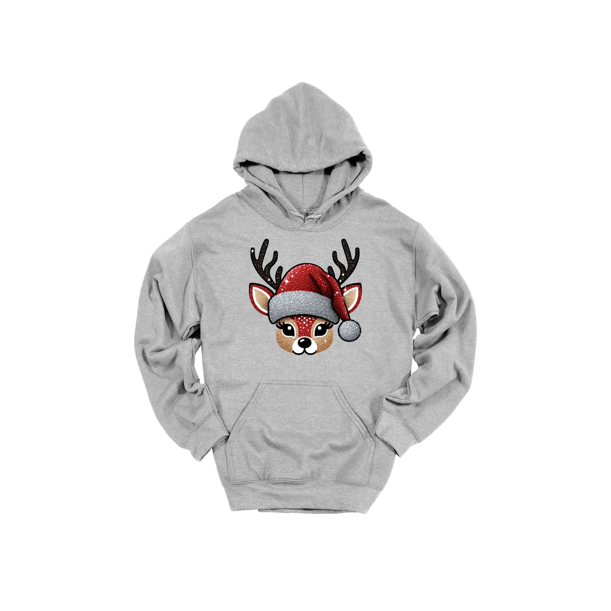 Cute Reindeer Christmas Apparel design on adult hoodie in gray, front view.