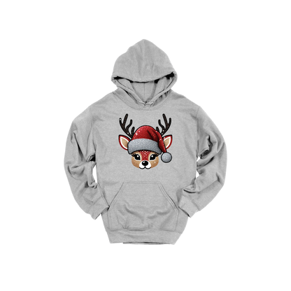 Cute Reindeer Christmas Apparel design on adult hoodie in gray, front view.