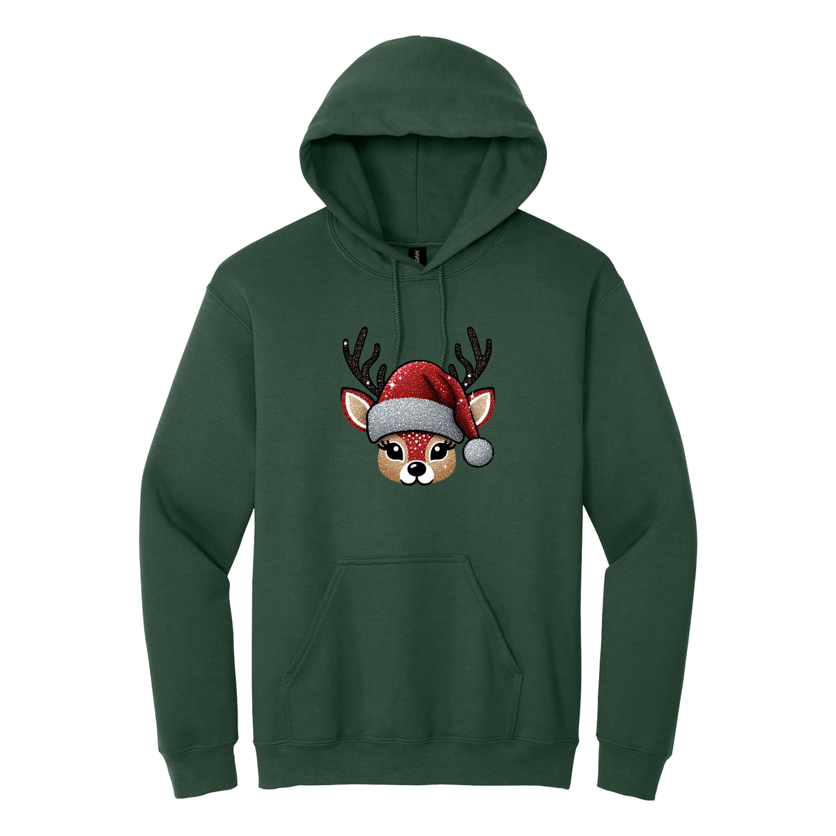 Cute Reindeer Christmas Apparel design on adult hoodie in green, front view.
