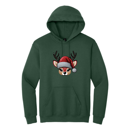 Cute Reindeer Christmas Apparel design on adult hoodie in green, front view.