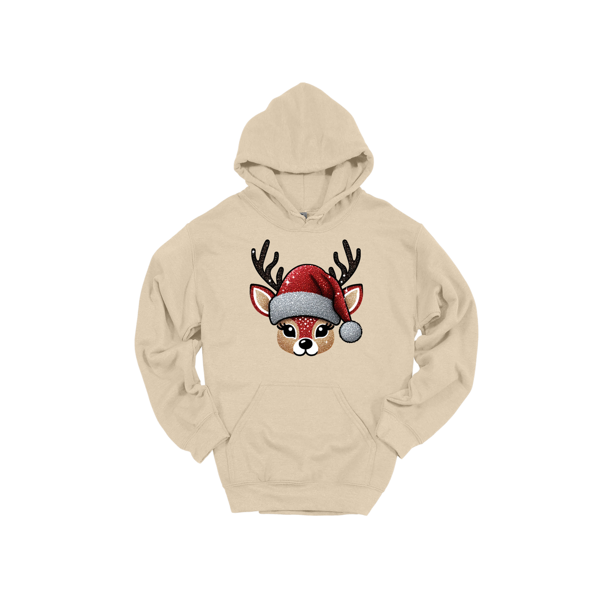 Cute Reindeer Christmas Apparel design on adult hoodie in tan, front view.