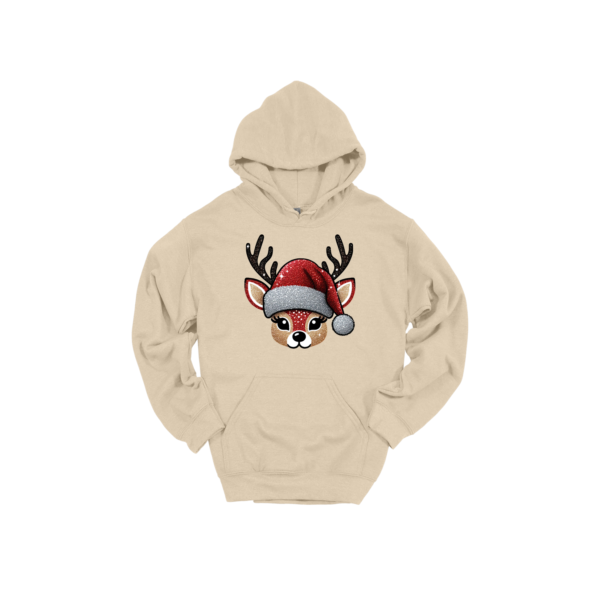 Cute Reindeer Christmas Apparel design on adult hoodie in tan, front view.