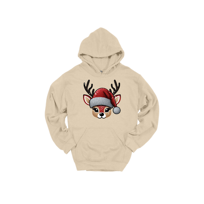 Cute Reindeer Christmas Apparel design on adult hoodie in tan, front view.