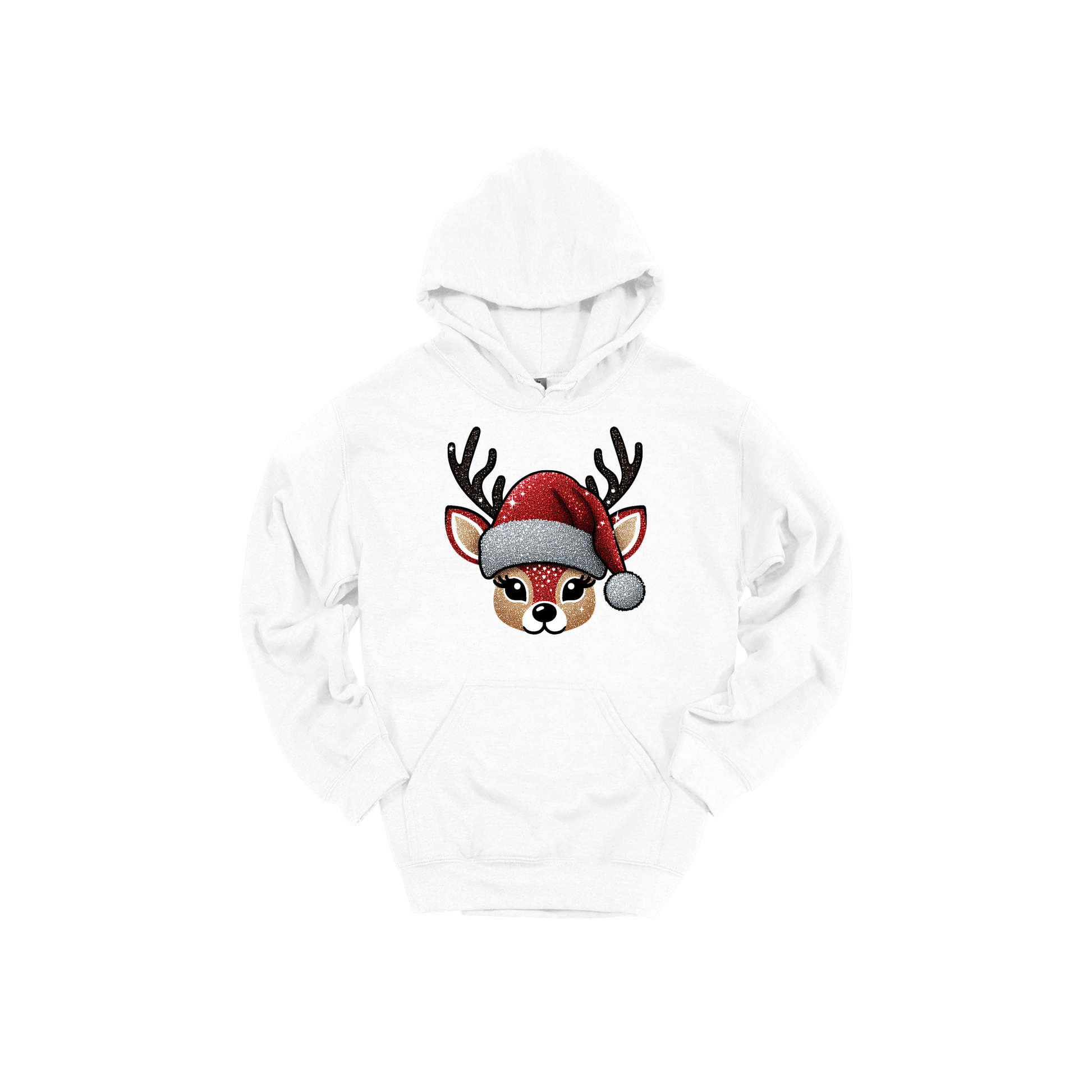 Cute Reindeer Christmas Apparel design on adult hoodie in white, front view.